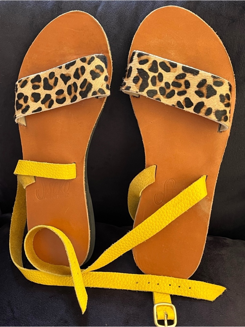 Sseko Leopard Print & Yellow Strap Leather Sandals